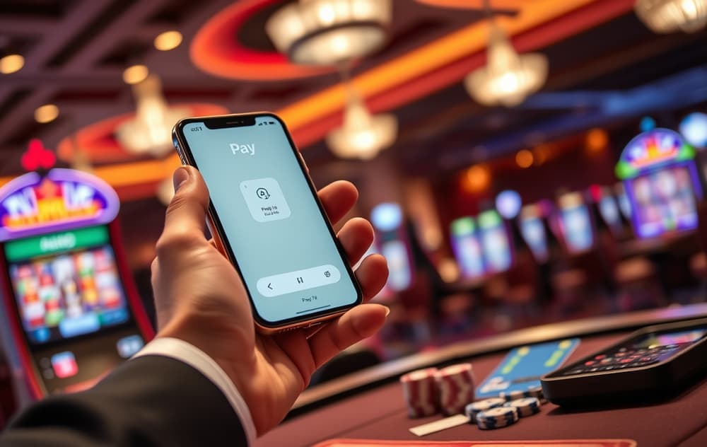 Person som betaler på nettcasino med Apple Pay på iPhone – skjermen viser bekreftelse
