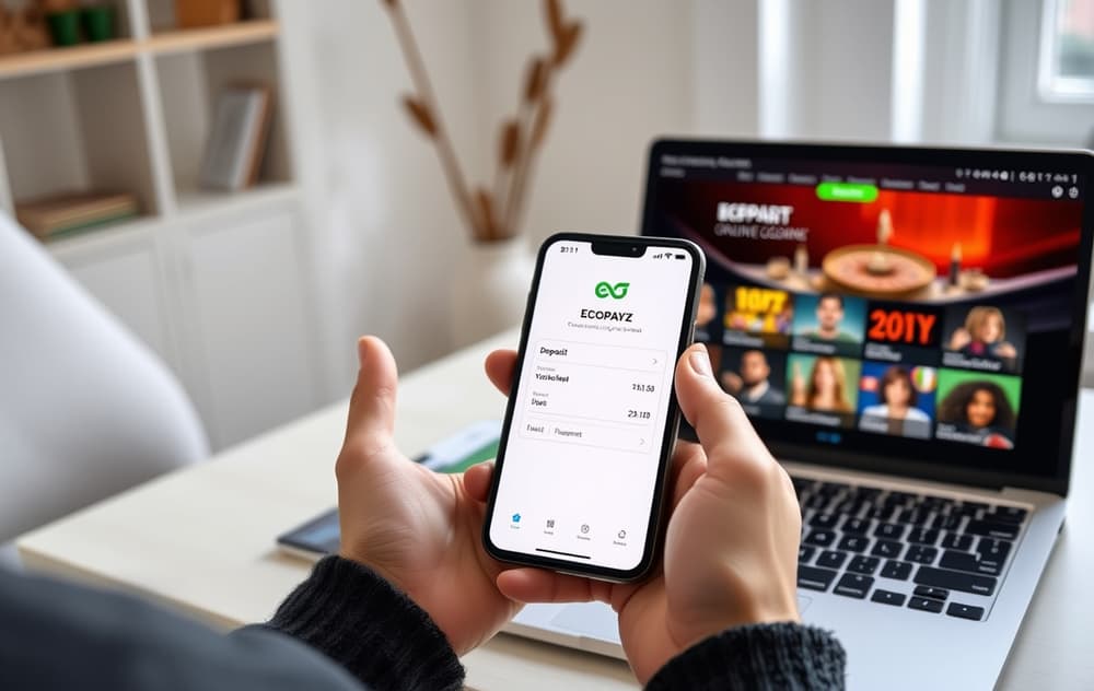 En person bruker Ecopayz-appen på mobilen for å sette inn penger på et nettcasino.