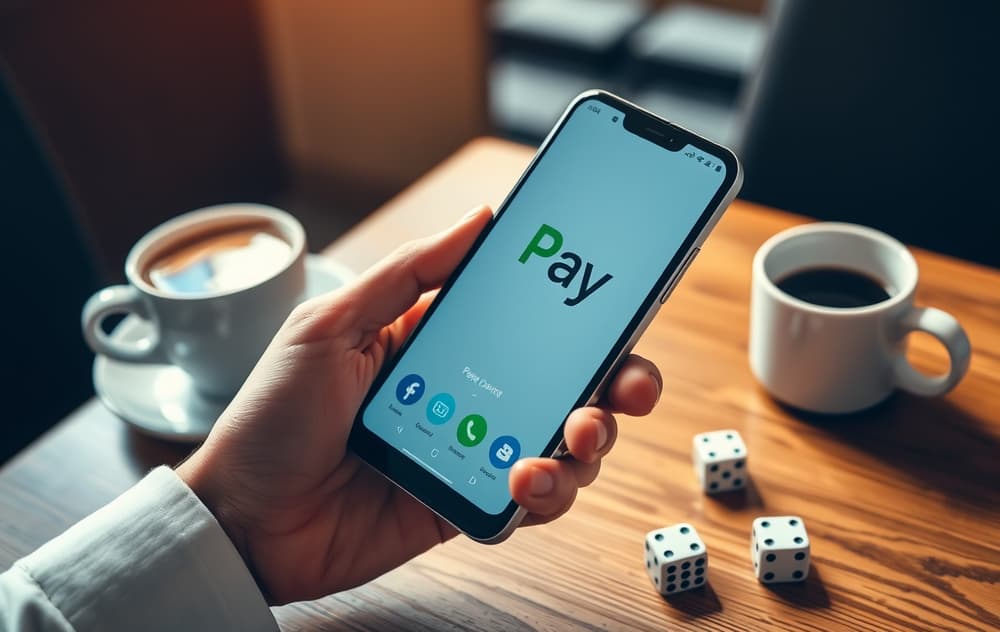 En hånd som holder en Android-telefon med Google Pay-betalingsgrensesnitt på skjermen, med et casinologo i bakgrunnen.