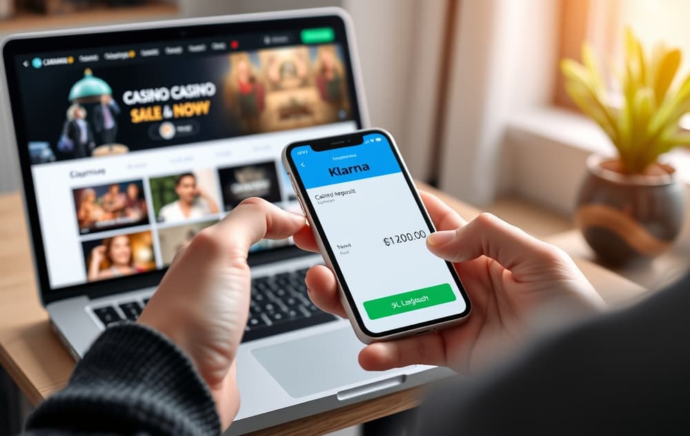 Person som betaler med Klarna på mobilen foran en laptop med et casino-nettsted.