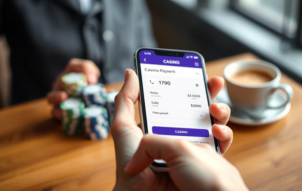Mobilbetaling på casino – smarttelefon med betalingsskjerm og kasinochips i bakgrunnen.