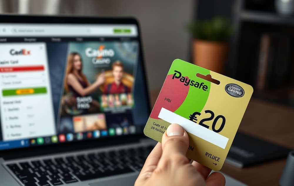 En person holder et Paysafecard-kort ved siden av en laptop med casinoets innskuddsside synlig.