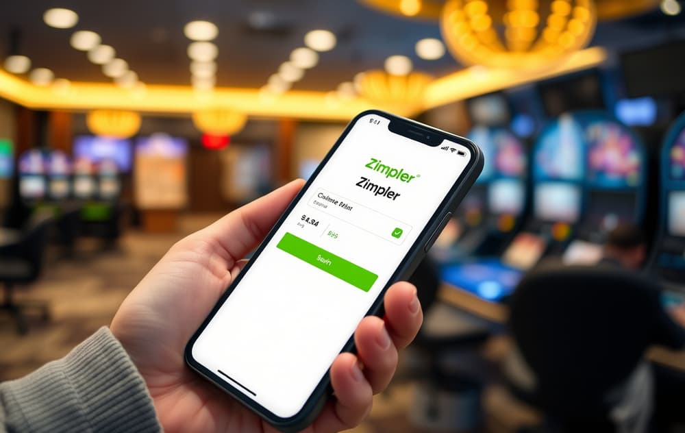 Person som bekrefter Zimpler-betaling på mobil med casino i bakgrunnen