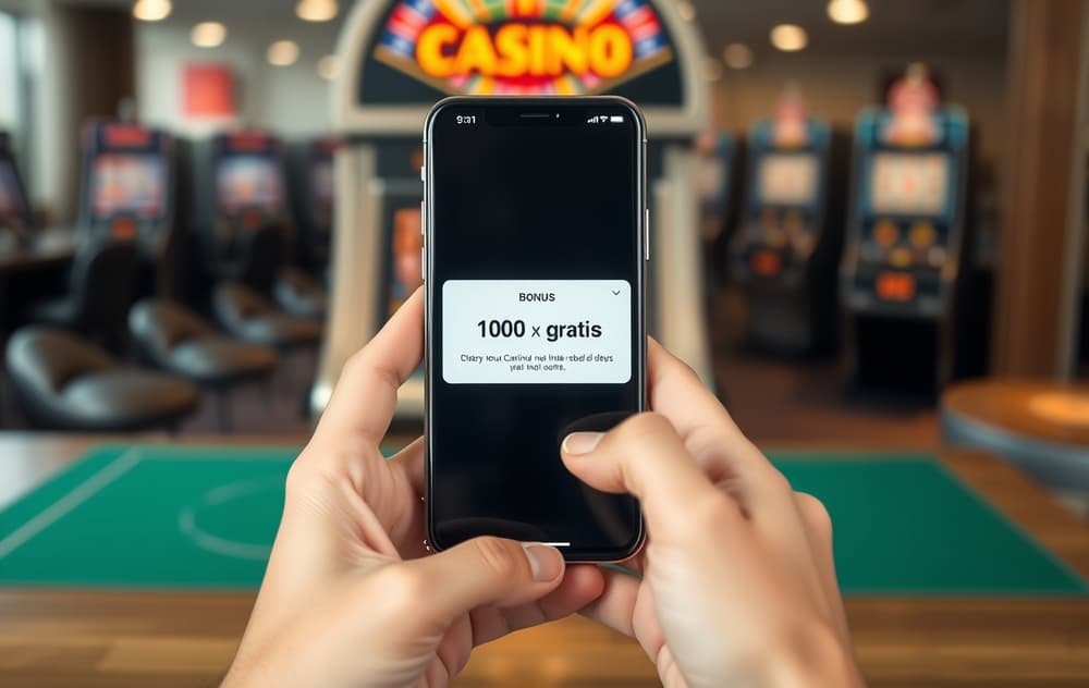 Mobilskjerm med 100 kr gratis bonus-varsel og spilleautomater i bakgrunnen