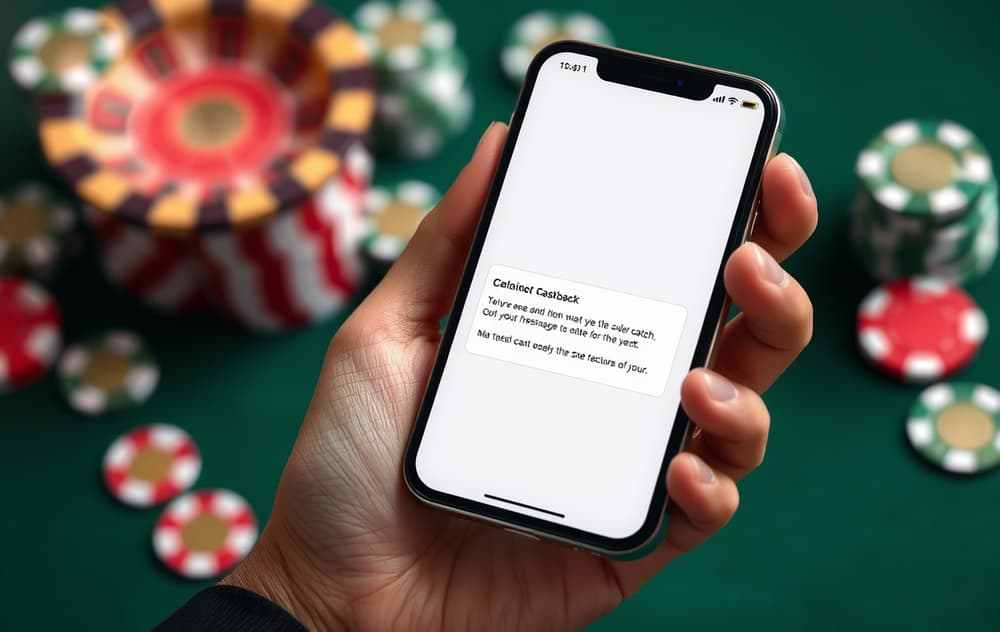 Person med mobiltelefon som viser cashback-varsel, med kasinosjetonger i bakgrunnen
