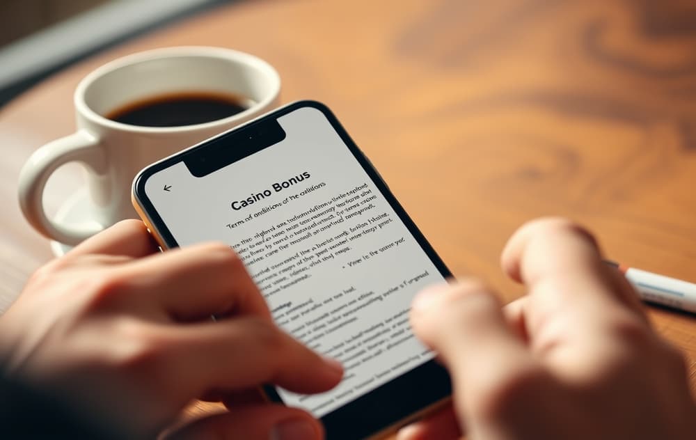 En person leser bonusvilkår på mobiltelefonen, med en kopp kaffe ved siden av.