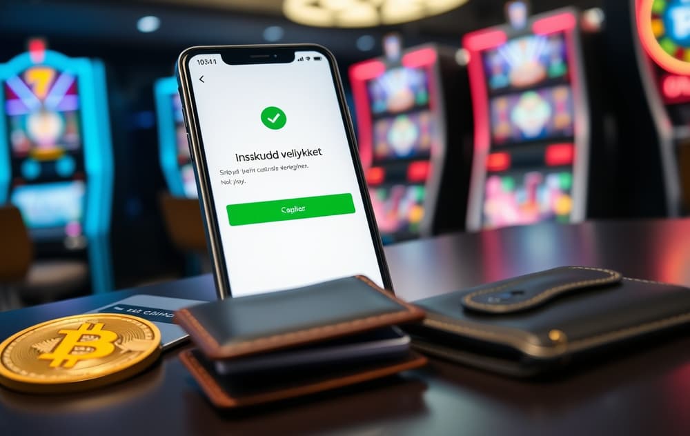 Smarttelefon med betalingsbekreftelse på norsk, ved siden av kredittkort, lommebok og Bitcoin-symbol.