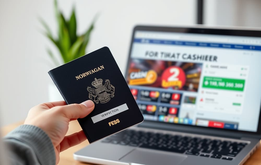Person som holder norsk pass og mobiltelefon med verifiseringsskjerm, med laptop i bakgrunnen som viser casino-kasse.