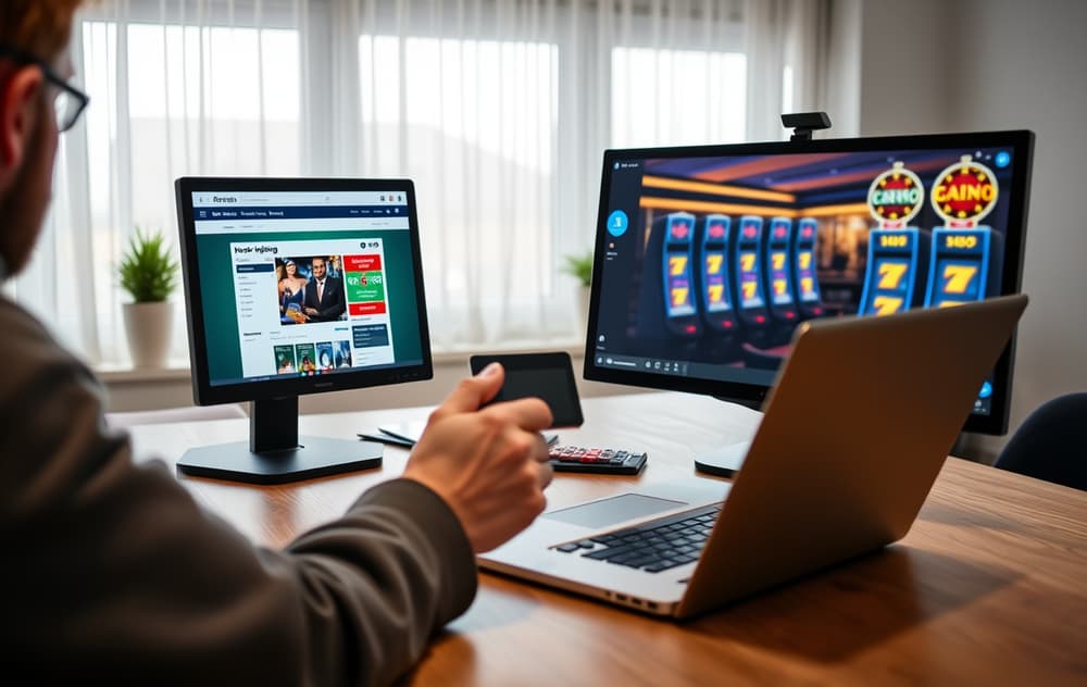 En person sammenligner Norsk Tipping og et nettcasino på en laptop, med kredittkort i hånden.