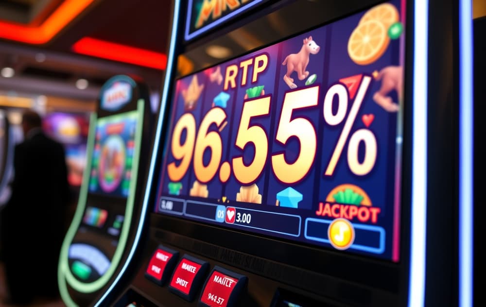 Bilde av en spilleautomatskjerm som viser RTP på 96,5 % med fargerike symboler og jackpot-indikator.