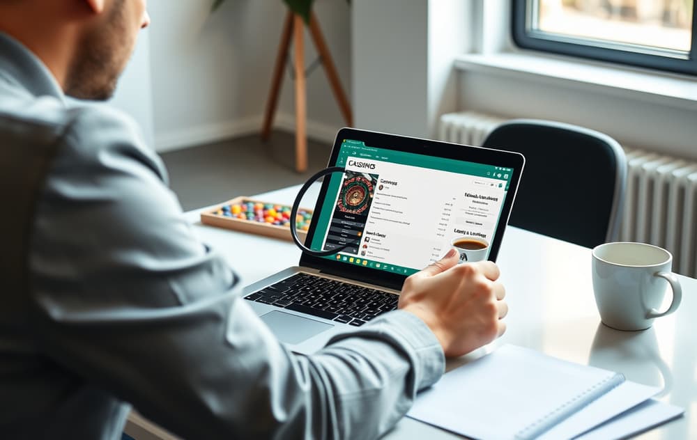 Person som sammenligner casinoer på laptop med forstørrelsesglass