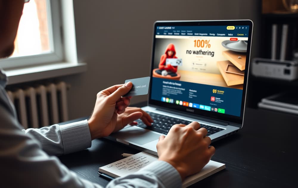 Person som sitter ved et skrivebord med laptop og kredittkort, ser på en casino-side med «uten omsetningskrav»-banner.
