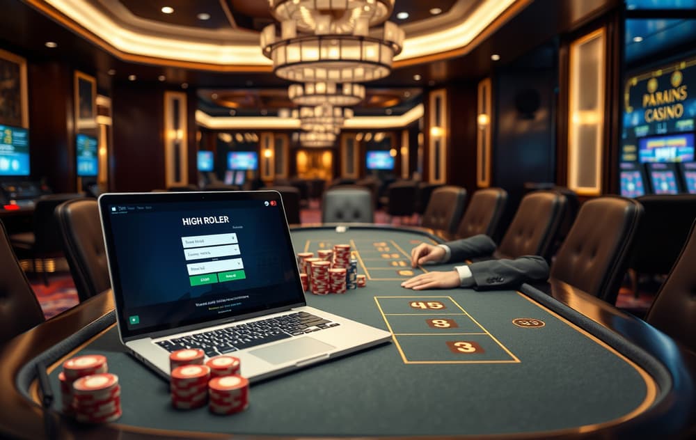 High roller spiller ved et eksklusivt casino med store chipstapler – illustrasjon av storspilleromgivelser.