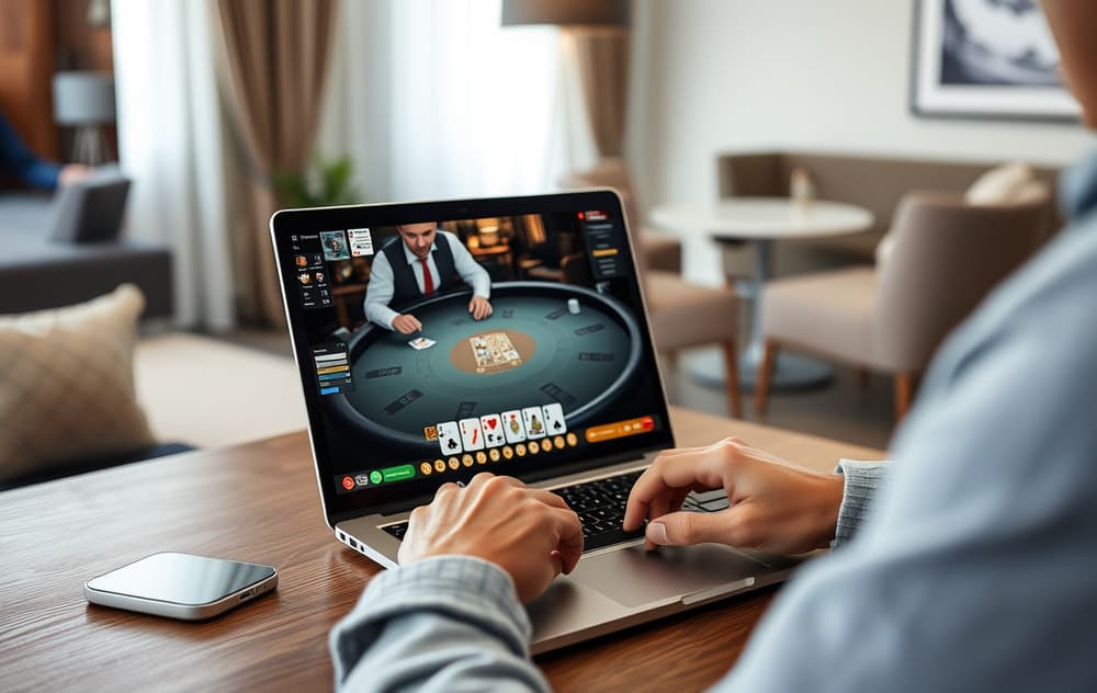 Spiller som deltar i live blackjack med ekte dealer på dataskjermen, med norske kroner synlig.