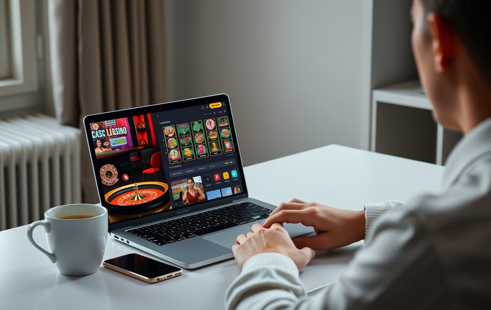 Person som spiller på nettcasino med spilleautomater og live roulette på skjermen