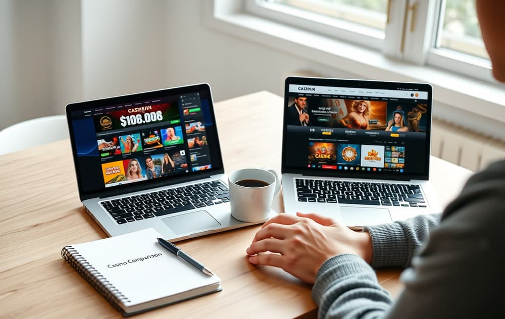Person som sammenligner to nettcasinoer på to skjermer med notatbok og kaffekopp på skrivebordet.