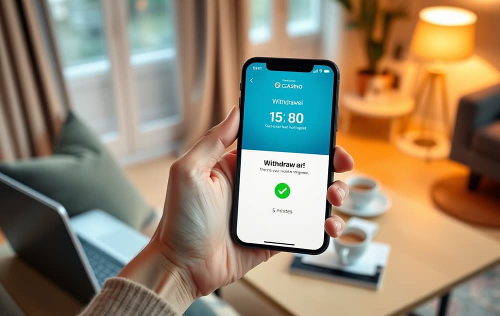 Person som holder mobil med uttaksbekreftelse og nedtelling på 5 minutter, i en norsk stue.