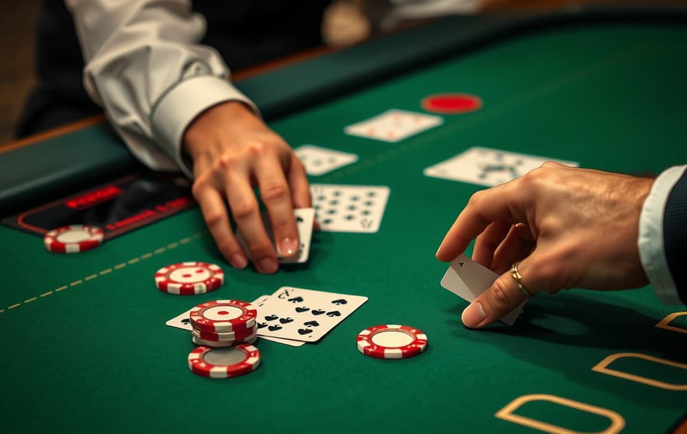 Blackjack-bord med kort og sjetonger, dealerens hånd med ess, kasinobelysning