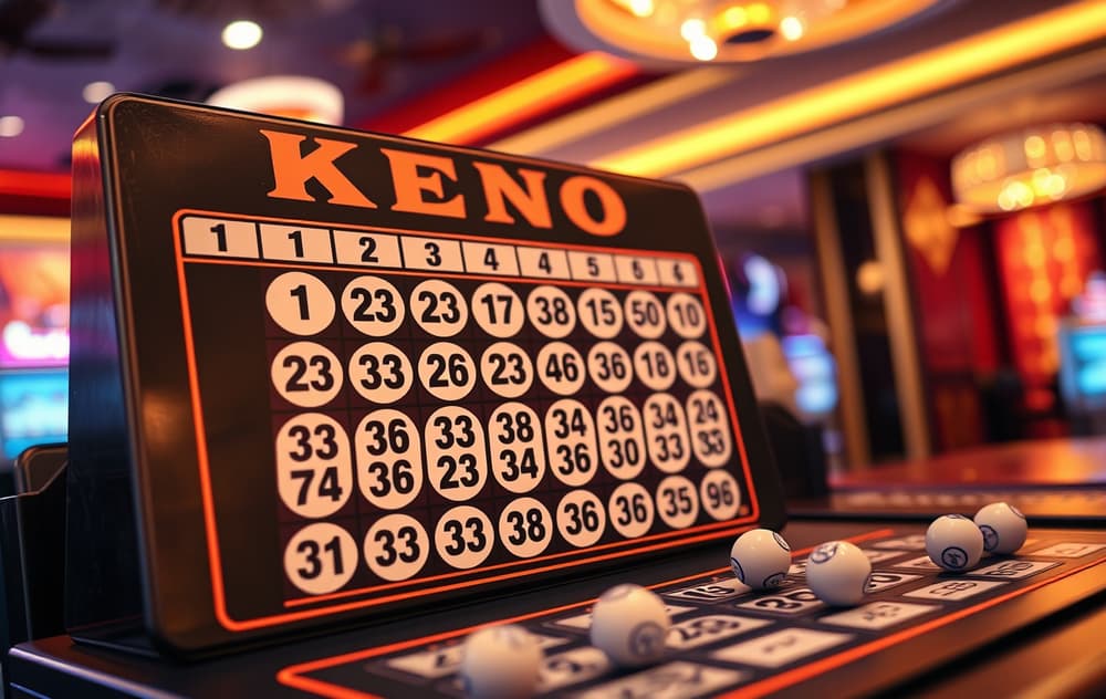 Keno-brett med nummererte kuler som trekkes i et kasino