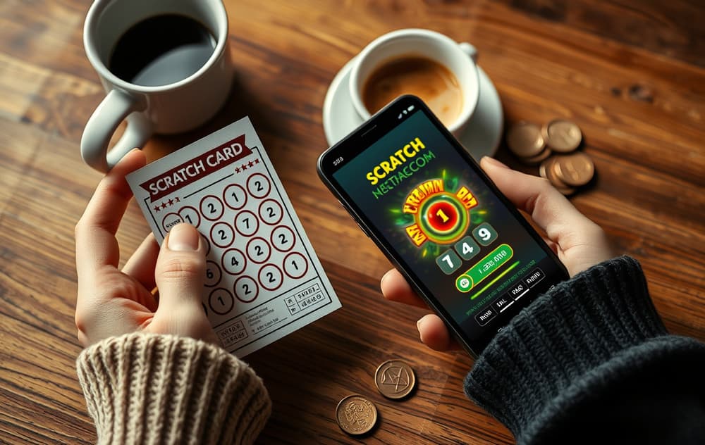 En person som holder et fysisk skrapelodd og en mobiltelefon med et digitalt skrapelodd, med mynter og kaffekopp på et trebord.