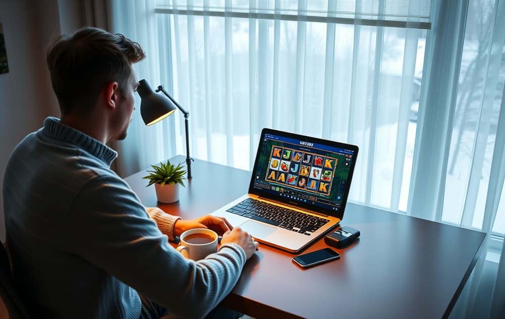Norsk spiller som spiller spilleautomater på bærbar PC hjemme